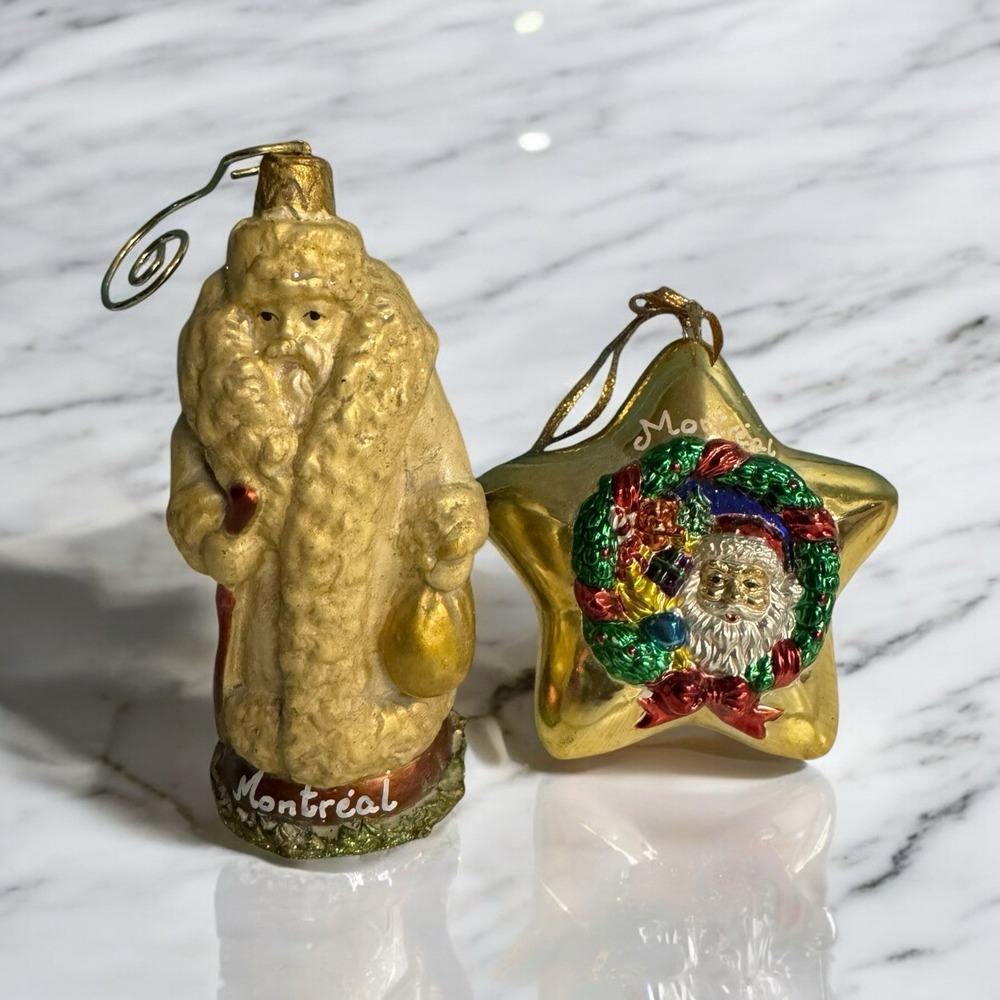 Lot Of 2 Montreal, Canada Santa & Gold Painted Bell Christmas Ornaments‎